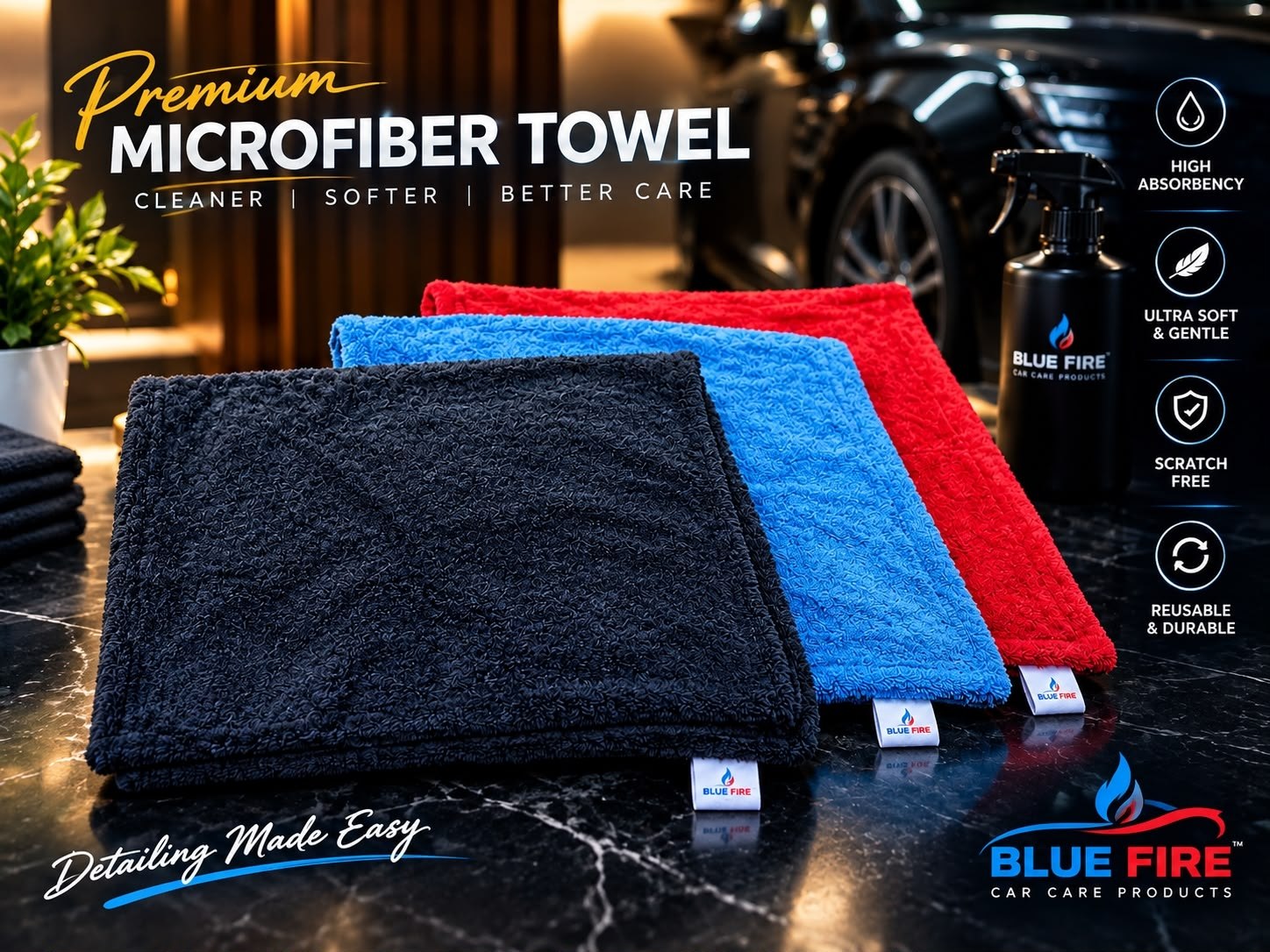 حوله خشک‌کن میکروفایبر خودرو Blue Fire سایز ٩٠x۶٠ ضدخش